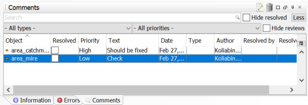 Comments window Comments window